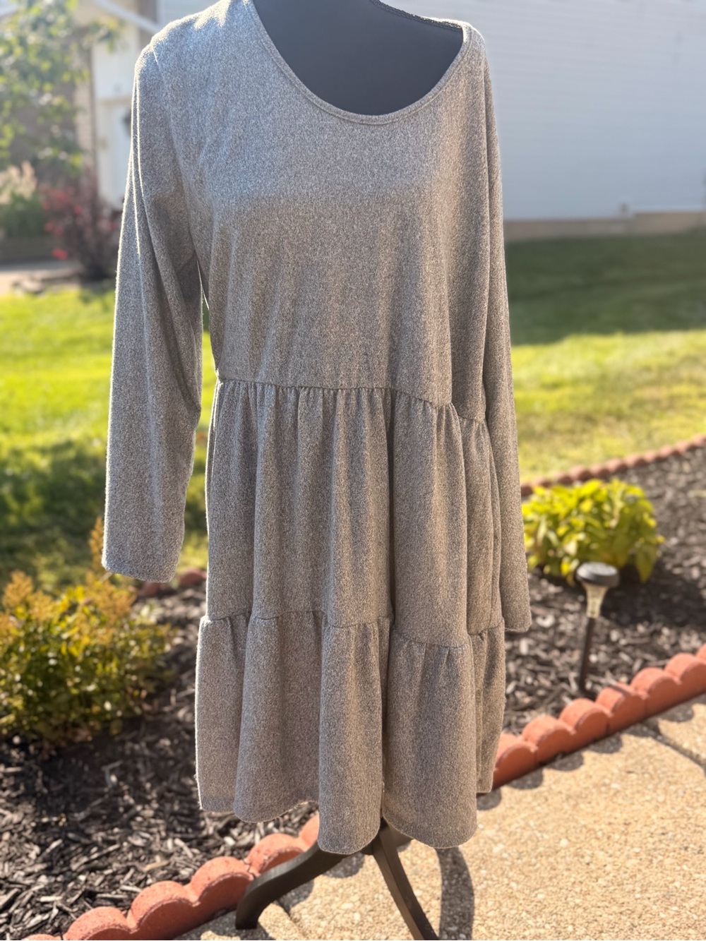 SHEIN Shimmery Gray Tiered Long-Sleeve Tunic Dress